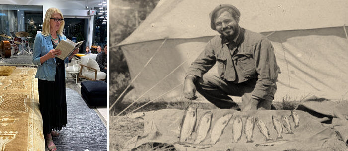 Author Darla Worden reading from Cockeyed Happy and Ernest Hemingway shows off his fishing catch