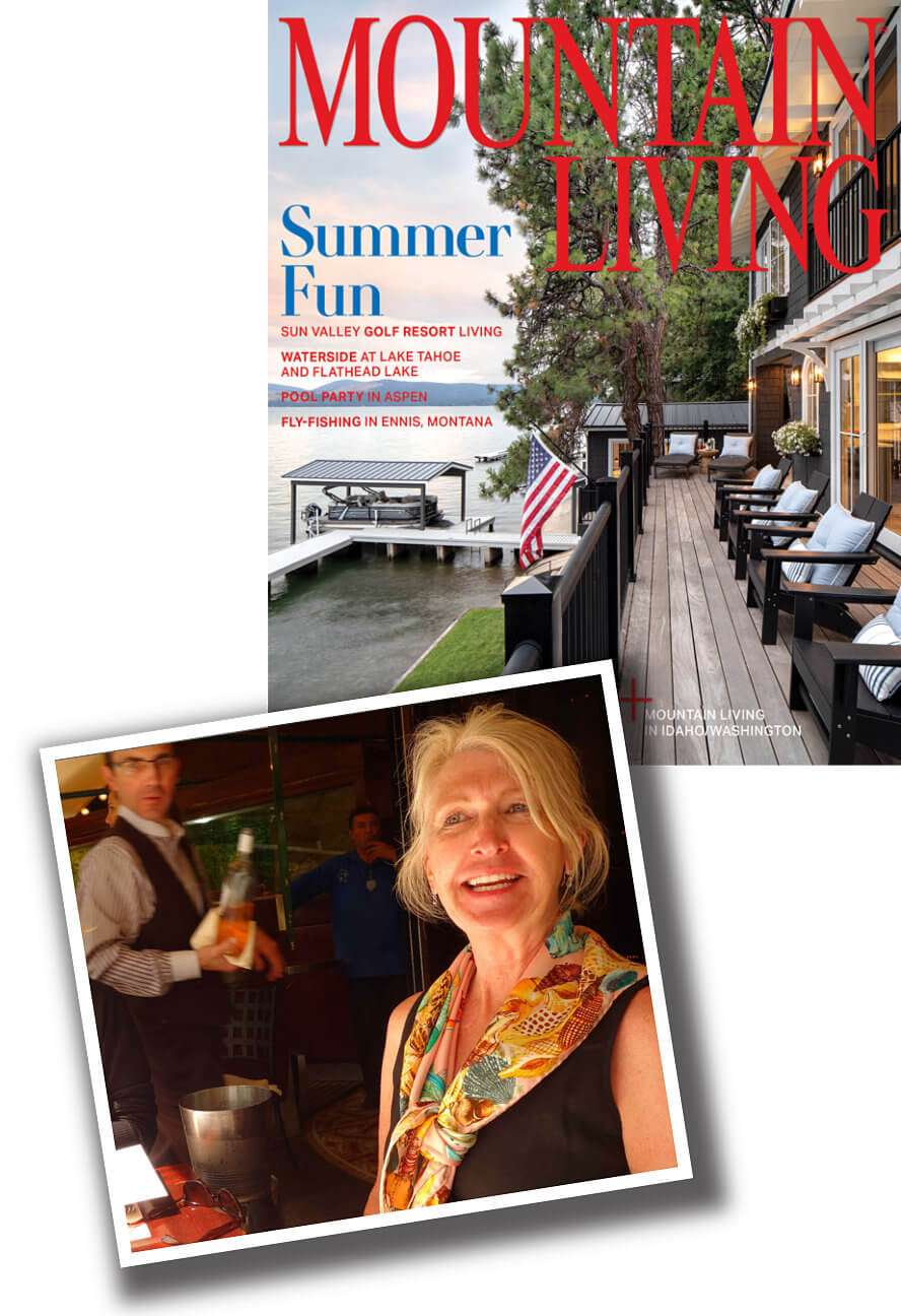 Mountain Living cover and a smiling Darla Worden in a Paris restaurant