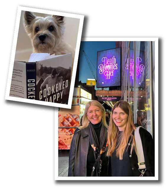 Darla Worden's dog reading Cockeyed Happy and Darla with her daughter under a sign that reads Death Becomes Her