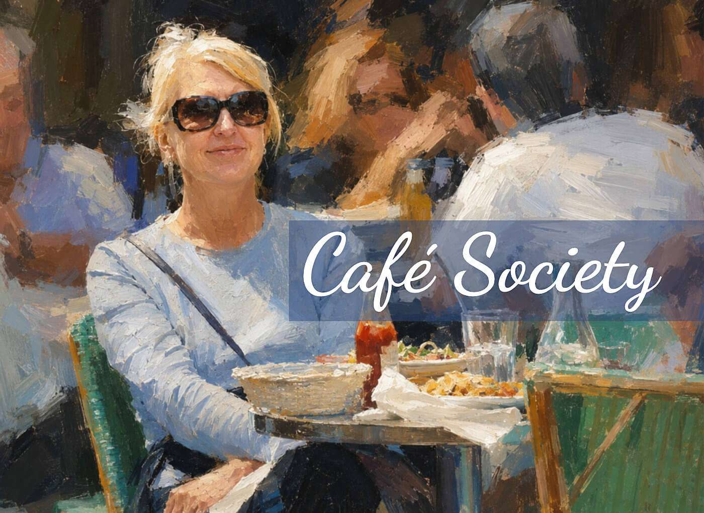 Artistic portrait of author Darla Worden sitting at an outside Paris cafe. Words on the painting read Café Society.