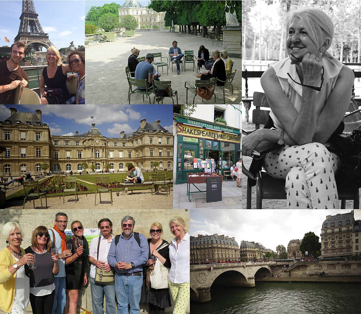 Collage of photos of people and locations from The Left Bank Writers Retreat in Paris France